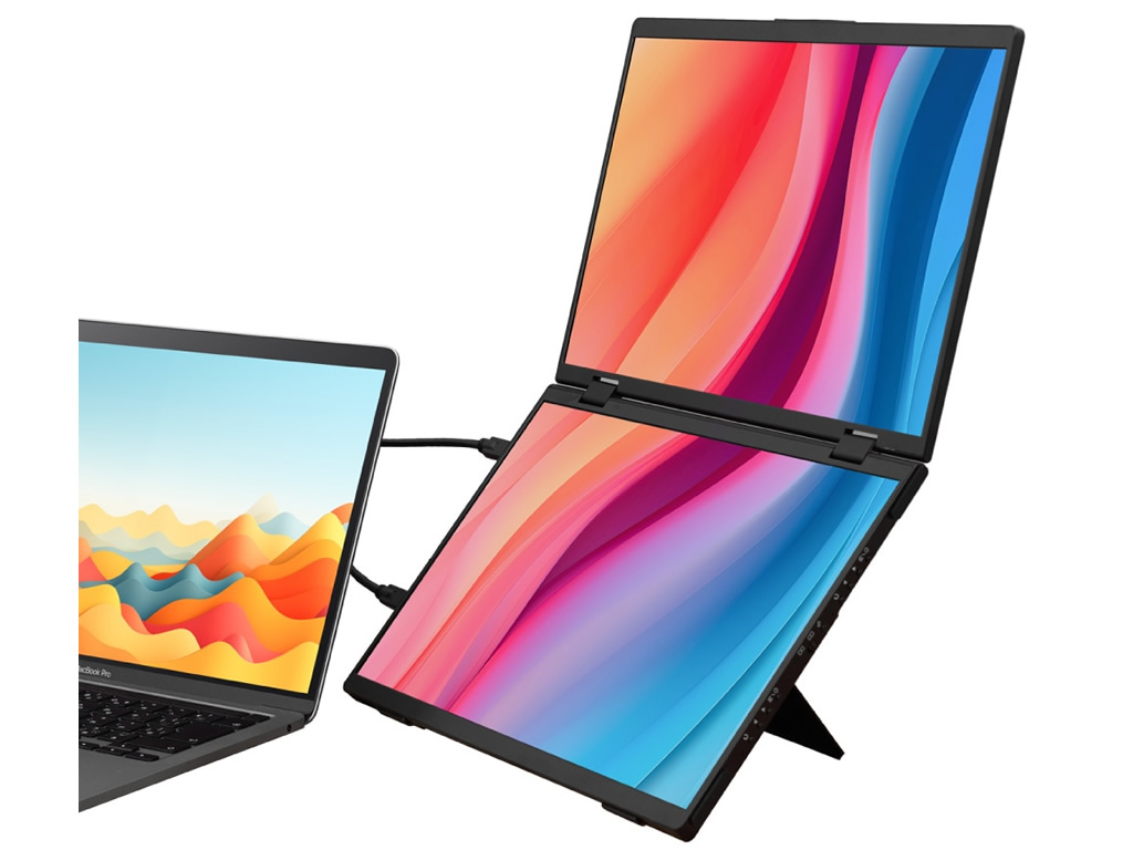 14型x2画面をサッと構築できる「Mac/Windows両対応 上下2画面拡張ポータブルモニター」