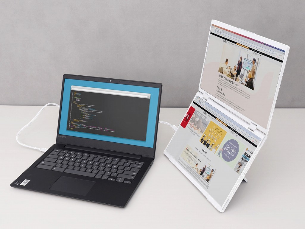 サンコー、上下に14型WUXGA画面×2を搭載するポータブル液晶に新色ホワイト