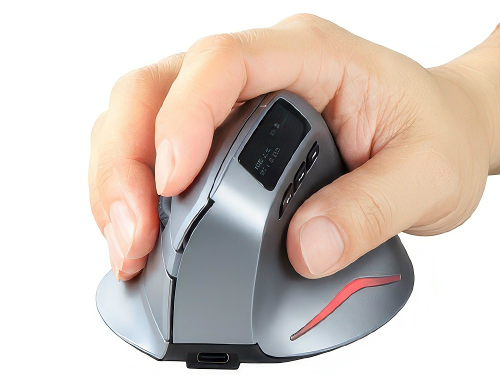 “握手するように持つ”新発想。LCD搭載の縦型ワイヤレスマウス登場