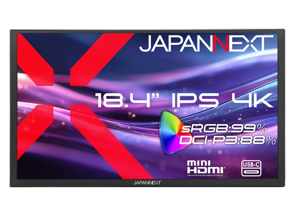 JAPANNEXT、18.4型の大画面表示に対応する4K IPSモバイルディスプレイなど2機種発売