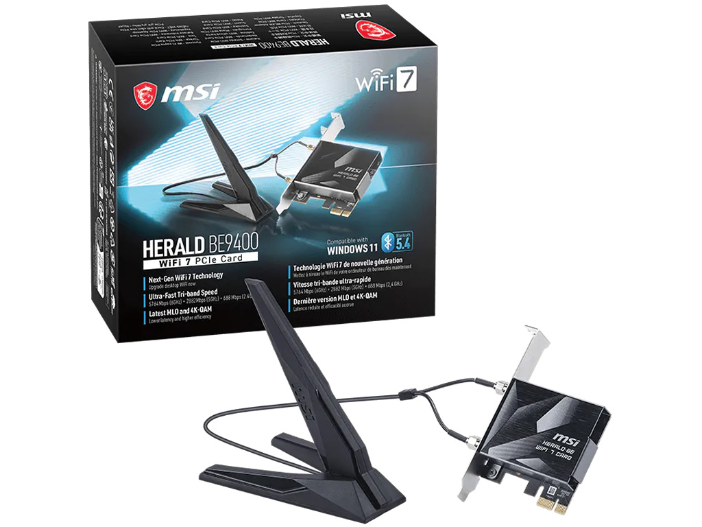 MSI、最大5.7GbpsのWi-Fi 7対応PCIe無線LANカード「HERALD BE9400 WiFi 7 PCIe Card」発表
